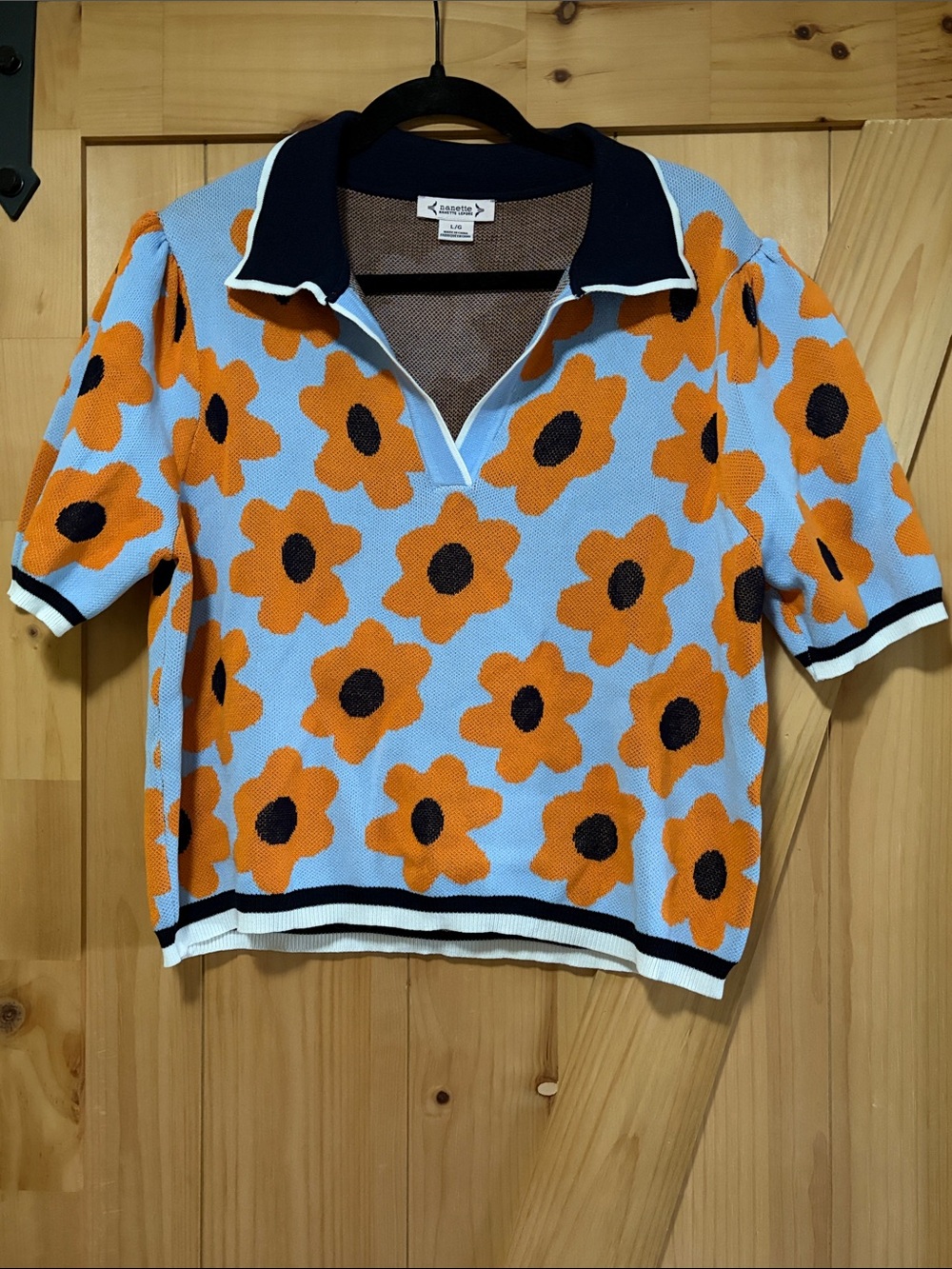 Nanette Lepore Light Blue Polo Short-sleeved Sweater Top with Floral Print